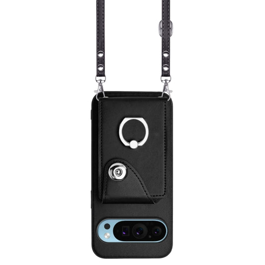 For Google Pixel 9 / 9 Pro Organ Card Bag Ring Holder Phone Case with Long Lanyard(Black) by buy2fix