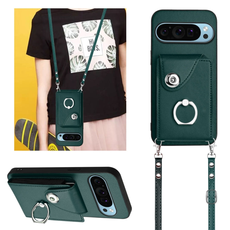 For Google Pixel 9 / 9 Pro Organ Card Bag Ring Holder Phone Case with Long Lanyard(Green) by buy2fix