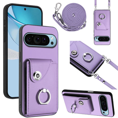 For Google Pixel 9 Pro XL Organ Card Bag Ring Holder Phone Case with Long Lanyard(Purple) by buy2fix