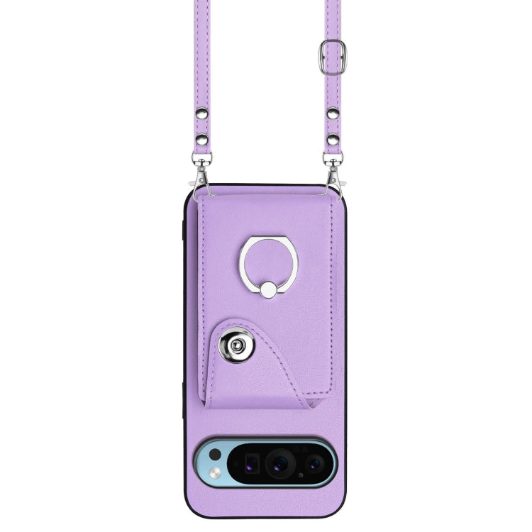 For Google Pixel 9 Pro XL Organ Card Bag Ring Holder Phone Case with Long Lanyard(Purple) by buy2fix