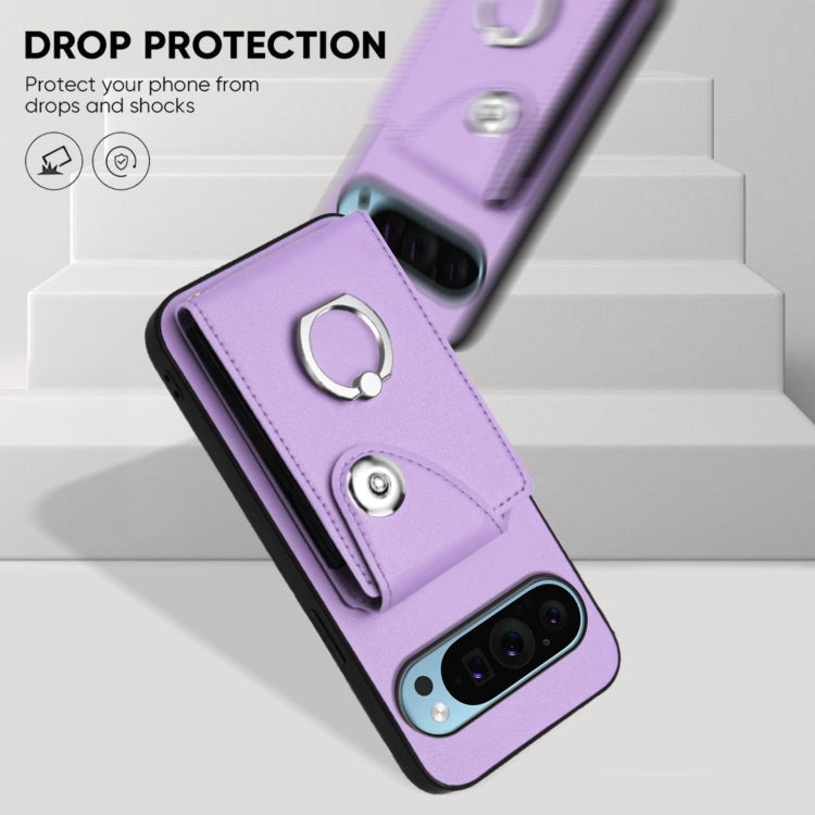 For Google Pixel 9 Pro XL Organ Card Bag Ring Holder Phone Case with Long Lanyard(Purple) by buy2fix