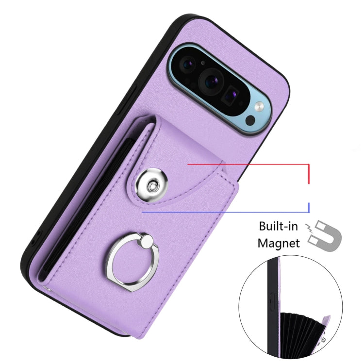 For Google Pixel 9 Pro XL Organ Card Bag Ring Holder Phone Case with Long Lanyard(Purple) by buy2fix