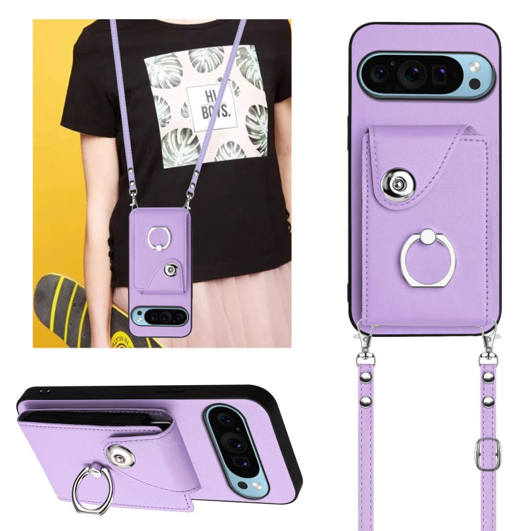 For Google Pixel 9 Pro XL Organ Card Bag Ring Holder Phone Case with Long Lanyard(Purple) by buy2fix