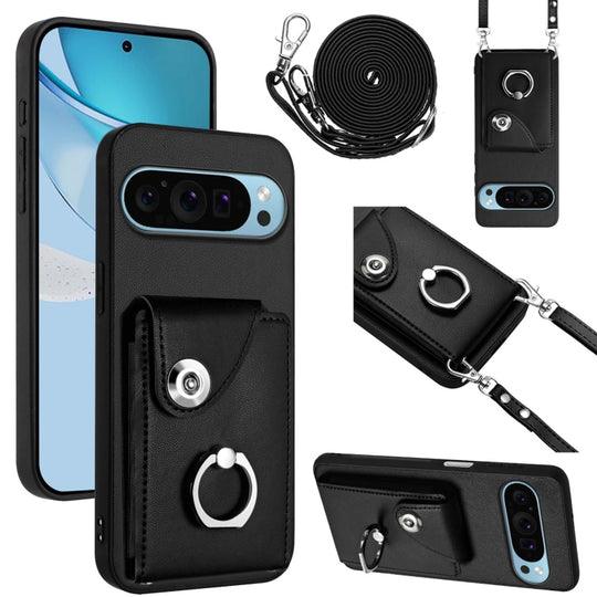 For Google Pixel 9 Pro XL Organ Card Bag Ring Holder Phone Case with Long Lanyard(Black)