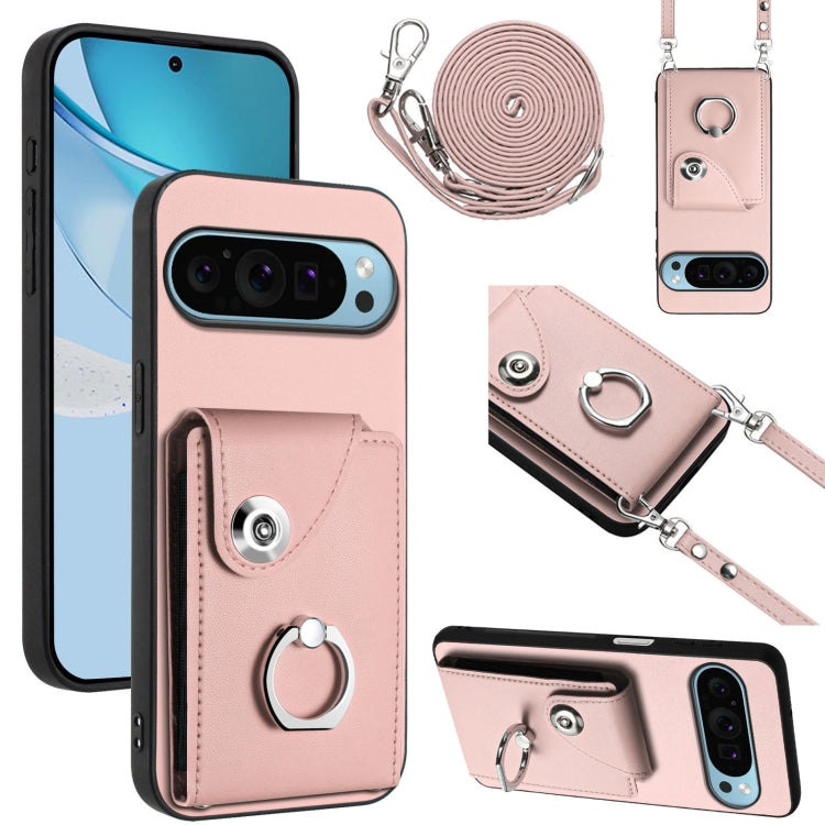 For Google Pixel 9 Pro XL Organ Card Bag Ring Holder Phone Case with Long Lanyard(Pink) by buy2fix