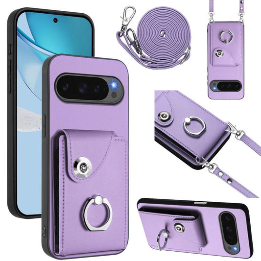For Google Pixel 10 Pro XL Organ Card Bag Ring Holder Phone Case with Long Lanyard(Purple) - Google Cases by buy2fix | Online Shopping UK | buy2fix