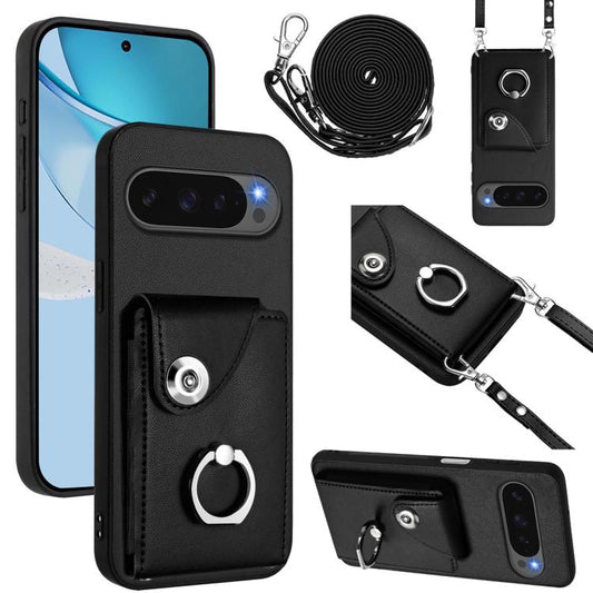 For Google Pixel 10 Pro XL Organ Card Bag Ring Holder Phone Case with Long Lanyard(Black) - Google Cases by buy2fix | Online Shopping UK | buy2fix