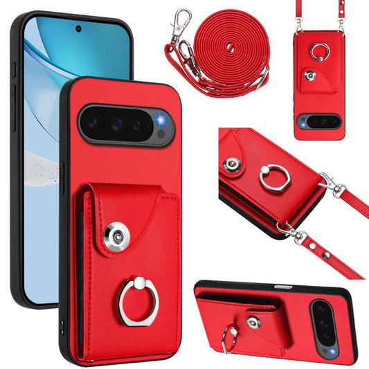For Google Pixel 10 Pro XL Organ Card Bag Ring Holder Phone Case with Long Lanyard(Red) - Google Cases by buy2fix | Online Shopping UK | buy2fix