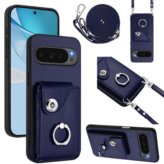 For Google Pixel 10 / 10 Pro Organ Card Bag Ring Holder Phone Case with Long Lanyard(Blue) - Google Cases by buy2fix | Online Shopping UK | buy2fix