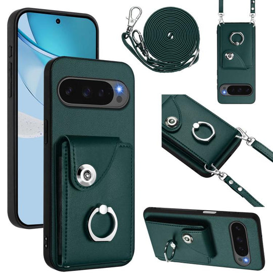 For Google Pixel 10 / 10 Pro Organ Card Bag Ring Holder Phone Case with Long Lanyard(Green)