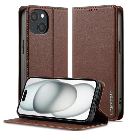 For iPhone 15 LC.IMEEKE L1 Series Frosted Fine Texture PU Phone Case(Brown)