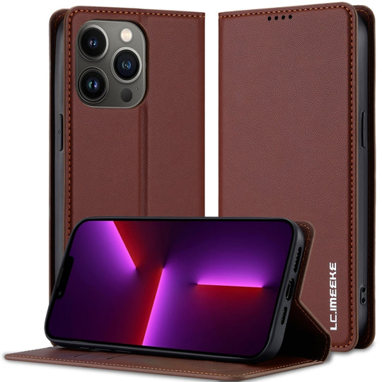 For iPhone 12 Pro Max LC.IMEEKE L1 Series Frosted Fine Texture PU Phone Case(Brown)