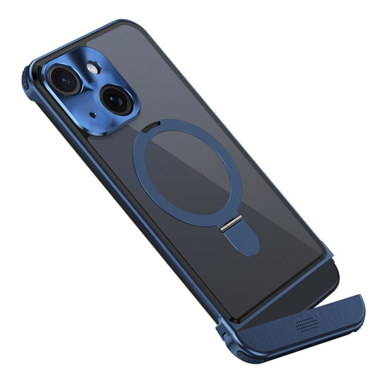 For iPhone 15 Metal Scissor Design Aroma MagSafe Ring Holder Phone Case(Blue)