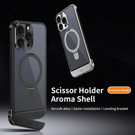 For iPhone 15 Pro Metal Scissor Design Aroma MagSafe Ring Holder Phone Case(Black) - iPhone 15 Pro Cases by buy2fix | Online Shopping UK | buy2fix