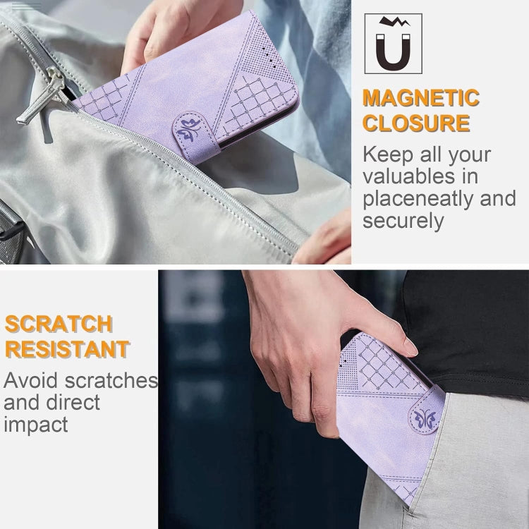 For OnePlus 11 Grid Butterfly Embossed Pattern Flip Leather Phone Case with Lanyard(Light Purple) - OnePlus Cases by buy2fix | Online Shopping UK | buy2fix