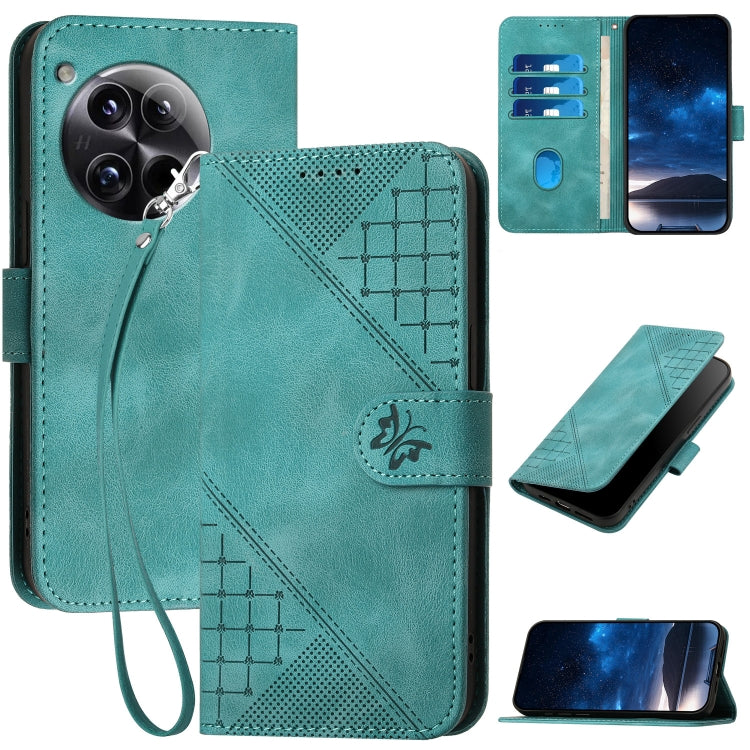 For OnePlus 12 Grid Butterfly Embossed Pattern Flip Leather Phone Case with Lanyard(Light Blue) - OnePlus Cases by buy2fix | Online Shopping UK | buy2fix