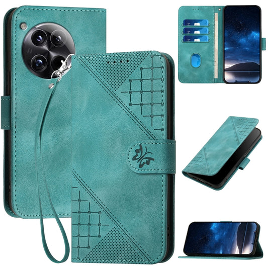 For OnePlus 12 Grid Butterfly Embossed Pattern Flip Leather Phone Case with Lanyard(Light Blue) - OnePlus Cases by buy2fix | Online Shopping UK | buy2fix