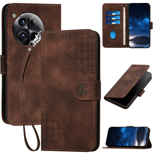 For OnePlus 12 Grid Butterfly Embossed Pattern Flip Leather Phone Case with Lanyard(Coffee) - OnePlus Cases by buy2fix | Online Shopping UK | buy2fix