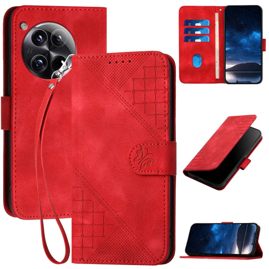 For OnePlus 12 Grid Butterfly Embossed Pattern Flip Leather Phone Case with Lanyard(Red) - OnePlus Cases by buy2fix | Online Shopping UK | buy2fix