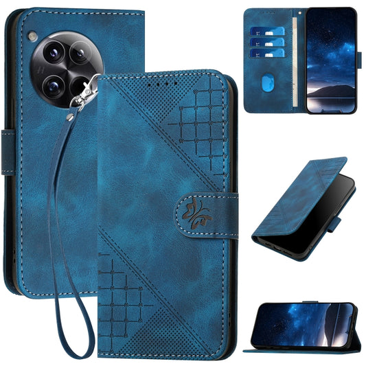 For OnePlus 12 Grid Butterfly Embossed Pattern Flip Leather Phone Case with Lanyard(Dark Blue) - OnePlus Cases by buy2fix | Online Shopping UK | buy2fix