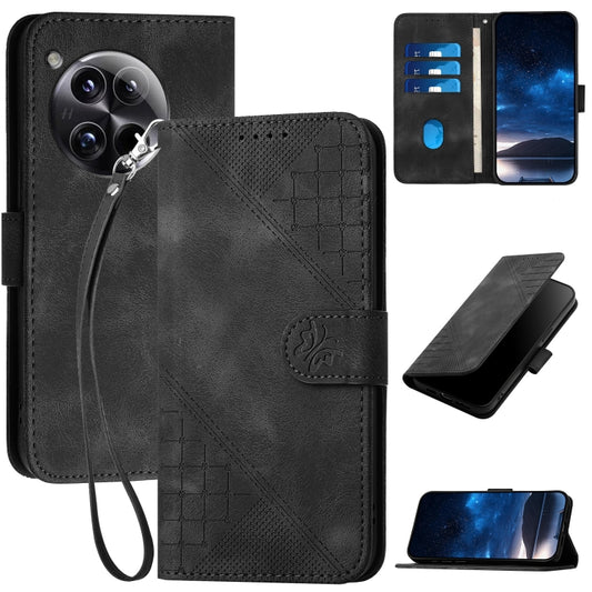 For OnePlus 12 Grid Butterfly Embossed Pattern Flip Leather Phone Case with Lanyard(Black) - OnePlus Cases by buy2fix | Online Shopping UK | buy2fix