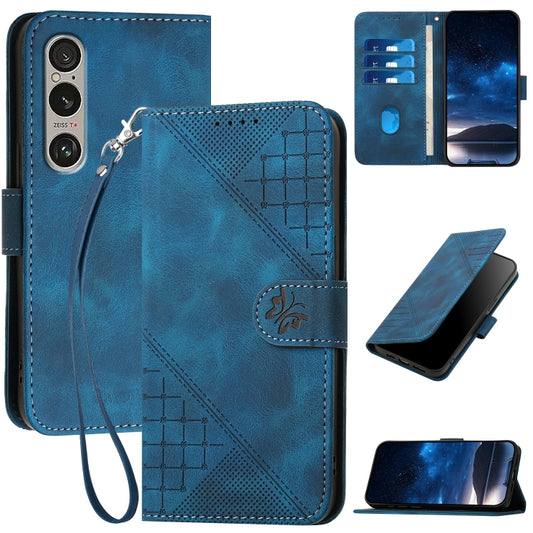 For Sony Xperia 1 VI 2024 Grid Butterfly Embossed Pattern Leather Phone Case with Lanyard(Dark Blue) by buy2fix