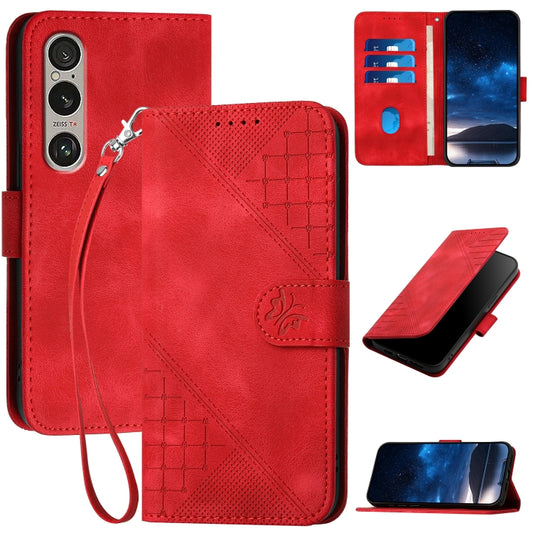 For Sony Xperia 1 VI 2024 Grid Butterfly Embossed Pattern Leather Phone Case with Lanyard(Red) by buy2fix