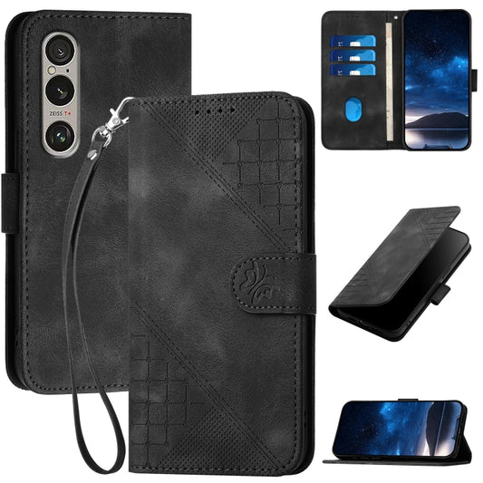 For Sony Xperia 1 VI 2024 Grid Butterfly Embossed Pattern Leather Phone Case with Lanyard(Black) by buy2fix
