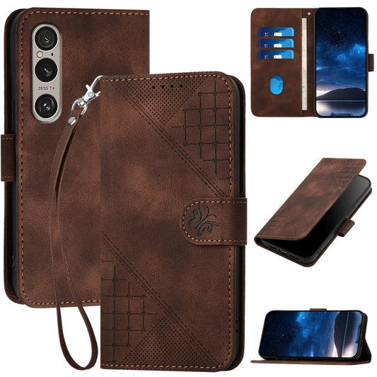 For Sony Xperia 1 VI 2024 Grid Butterfly Embossed Pattern Leather Phone Case with Lanyard(Coffee) by buy2fix