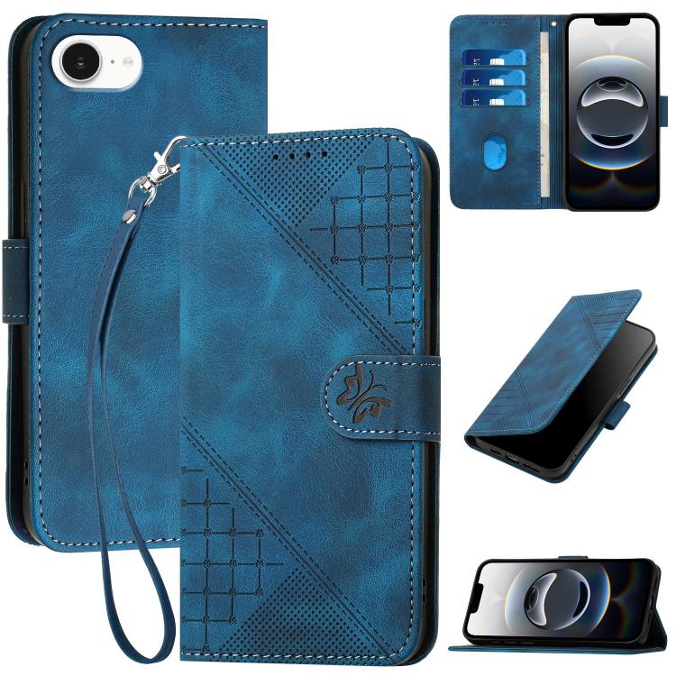 For iPhone 16e YX0080 Grid Butterfly Embossed Pattern Flip Leather Phone Case with Lanyard(Dark Blue) by buy2fix