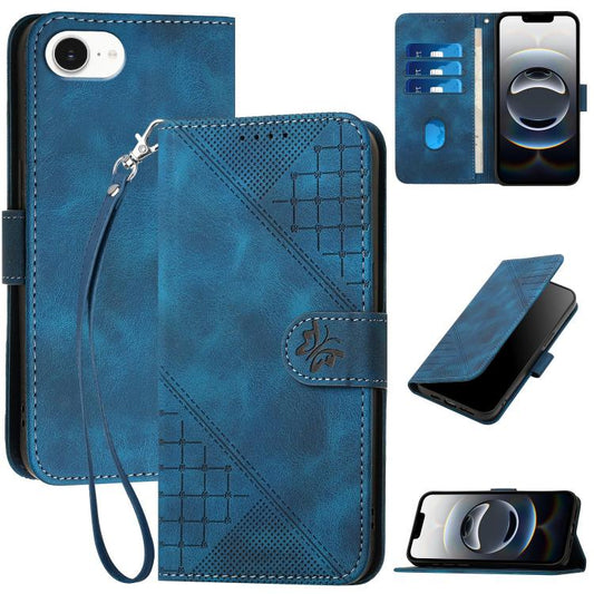 For iPhone 16e YX0080 Grid Butterfly Embossed Pattern Flip Leather Phone Case with Lanyard(Dark Blue) by buy2fix