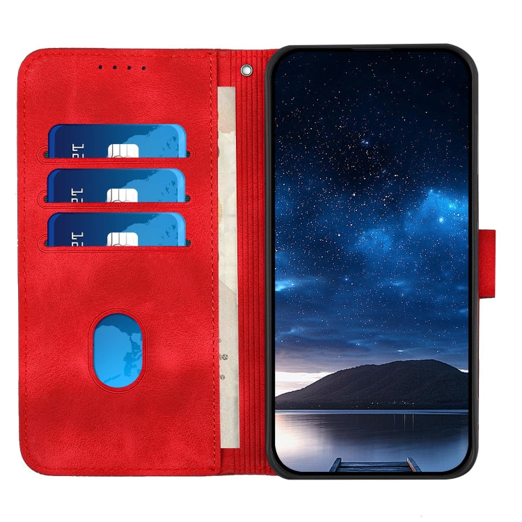 For iPhone 16e YX0080 Grid Butterfly Embossed Pattern Flip Leather Phone Case with Lanyard(Red) by buy2fix