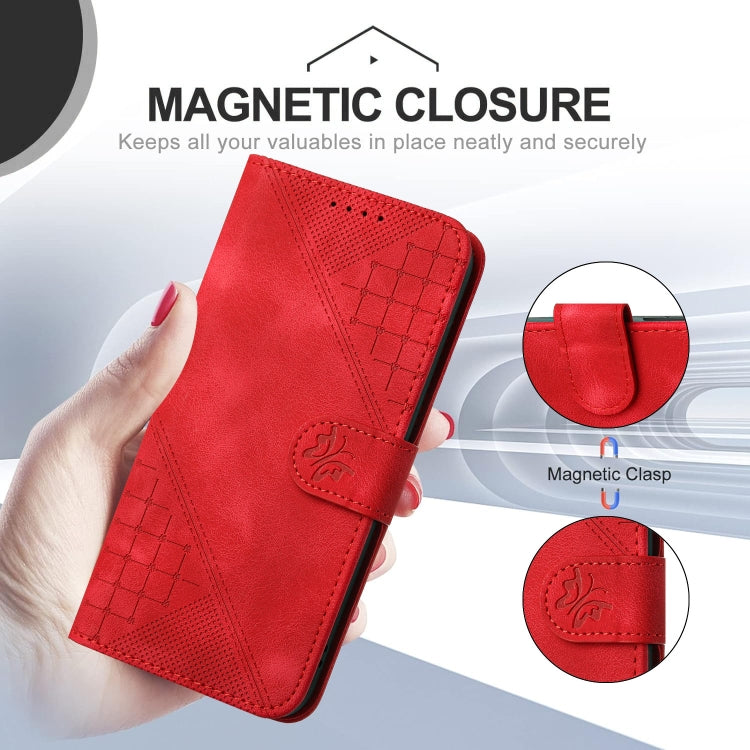 For iPhone 16e YX0080 Grid Butterfly Embossed Pattern Flip Leather Phone Case with Lanyard(Red) by buy2fix