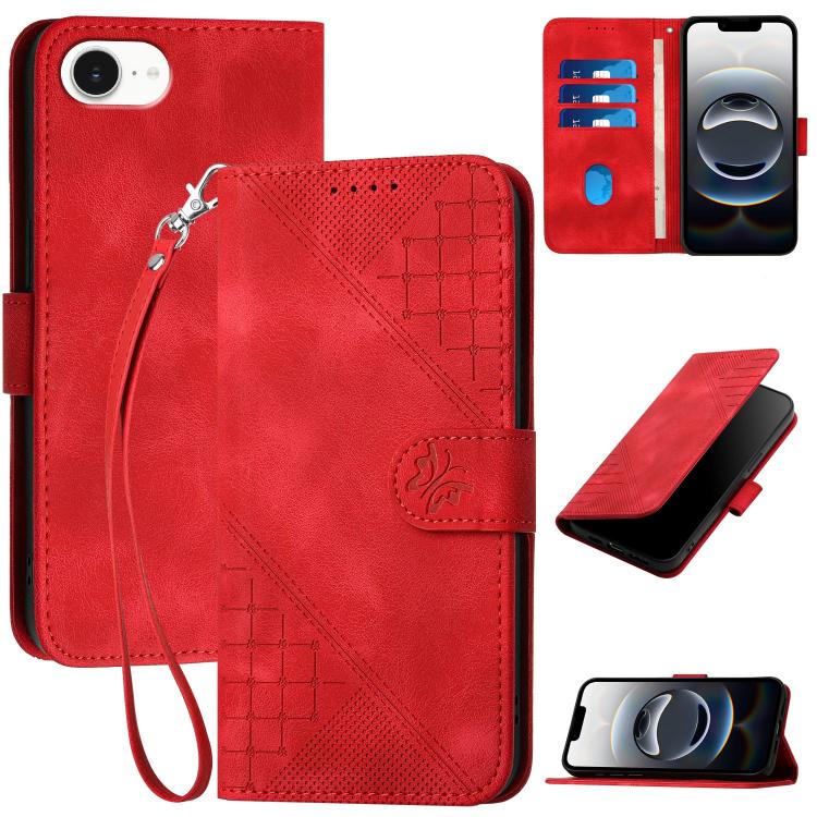 For iPhone 16e YX0080 Grid Butterfly Embossed Pattern Flip Leather Phone Case with Lanyard(Red) by buy2fix