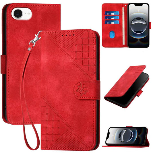 For iPhone 16e YX0080 Grid Butterfly Embossed Pattern Flip Leather Phone Case with Lanyard(Red) by buy2fix