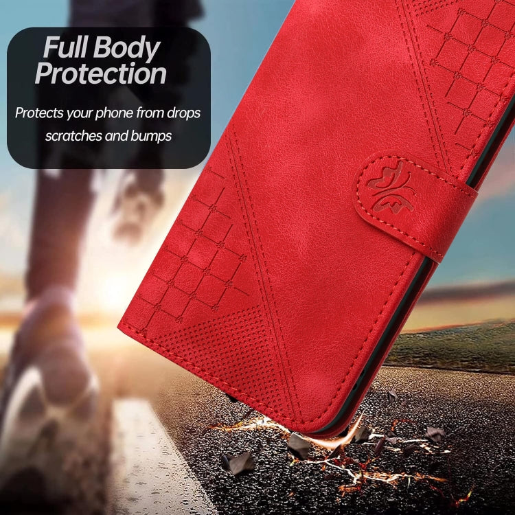 For iPhone 16e YX0080 Grid Butterfly Embossed Pattern Flip Leather Phone Case with Lanyard(Red) by buy2fix