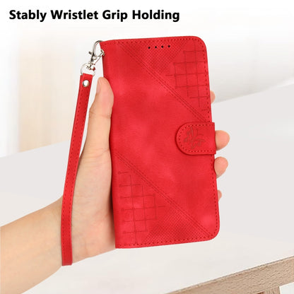 For iPhone 16e YX0080 Grid Butterfly Embossed Pattern Flip Leather Phone Case with Lanyard(Red) by buy2fix