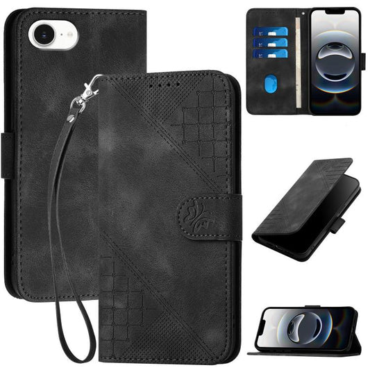 For iPhone 16e YX0080 Grid Butterfly Embossed Pattern Flip Leather Phone Case with Lanyard(Black) by buy2fix