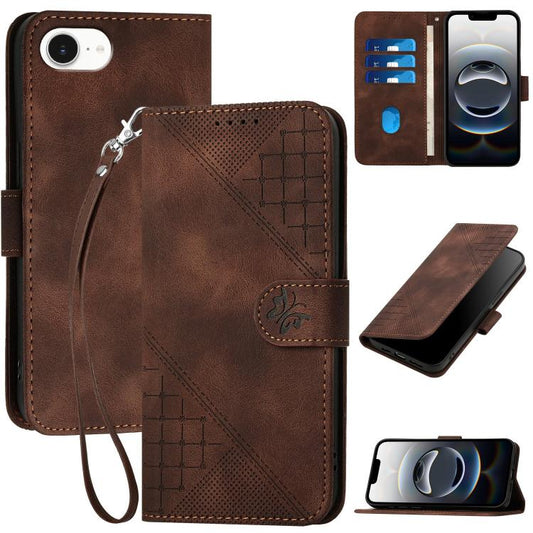 For iPhone 16e YX0080 Grid Butterfly Embossed Pattern Flip Leather Phone Case with Lanyard(Coffee) by buy2fix