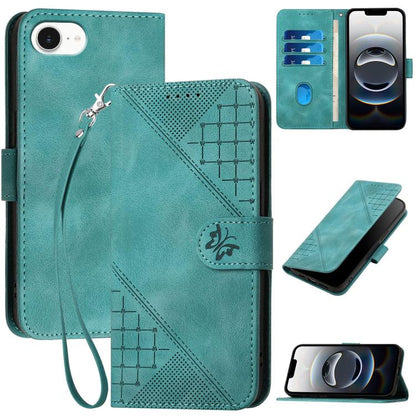 For iPhone 16e YX0080 Grid Butterfly Embossed Pattern Flip Leather Phone Case with Lanyard(Light Blue) by buy2fix
