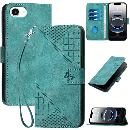 For iPhone 16e YX0080 Grid Butterfly Embossed Pattern Flip Leather Phone Case with Lanyard(Light Blue) by buy2fix