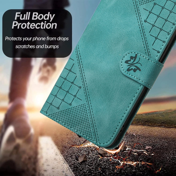 For iPhone 16e YX0080 Grid Butterfly Embossed Pattern Flip Leather Phone Case with Lanyard(Light Blue) by buy2fix