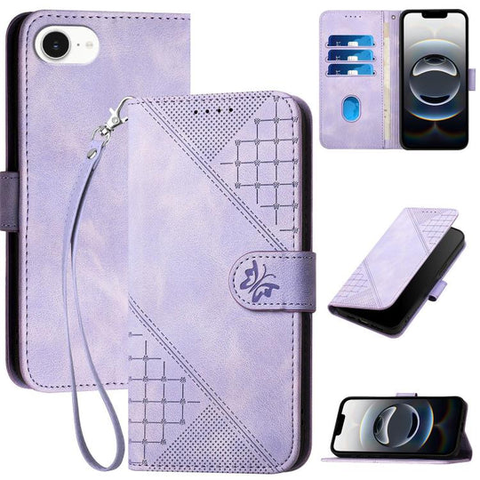For iPhone 17e / 16e YX0080 Grid Butterfly Embossed Pattern Flip Leather Phone Case with Lanyard(Light Purple)