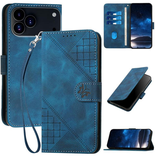 For iPhone 17 Pro YX0080 Grid Butterfly Embossed Pattern Flip Leather Phone Case with Lanyard(Dark Blue) - iPhone 17 Pro Cases by buy2fix | Online Shopping UK | buy2fix
