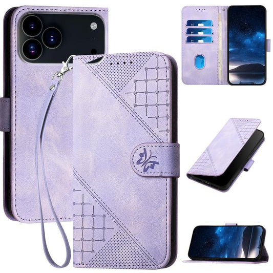 For iPhone 17 Pro YX0080 Grid Butterfly Embossed Pattern Flip Leather Phone Case with Lanyard(Light Purple) - iPhone 17 Pro Cases by buy2fix | Online Shopping UK | buy2fix