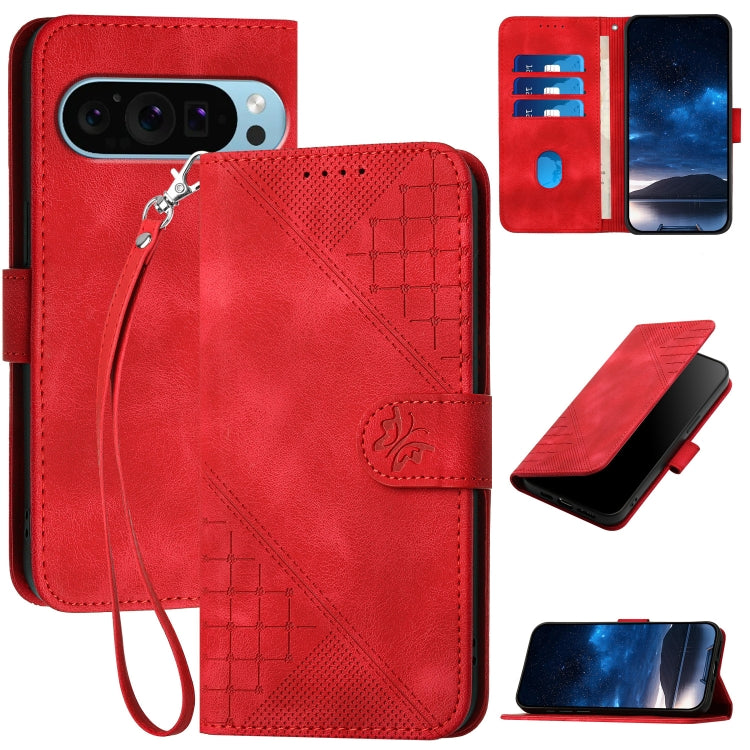 For Google Pixel 9 Pro XL Grid Butterfly Embossed Pattern Leather Phone Case with Lanyard(Red) by buy2fix