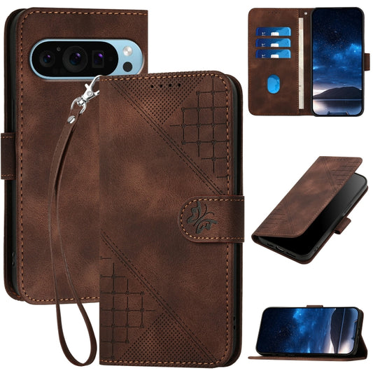 For Google Pixel 9 Pro XL Grid Butterfly Embossed Pattern Leather Phone Case with Lanyard(Coffee) by buy2fix