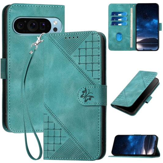For Google Pixel 9 Pro XL Grid Butterfly Embossed Pattern Leather Phone Case with Lanyard(Light Blue) by buy2fix