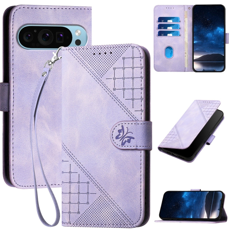 For Google Pixel 9 Pro XL Grid Butterfly Embossed Pattern Leather Phone Case with Lanyard(Light Purple) by buy2fix