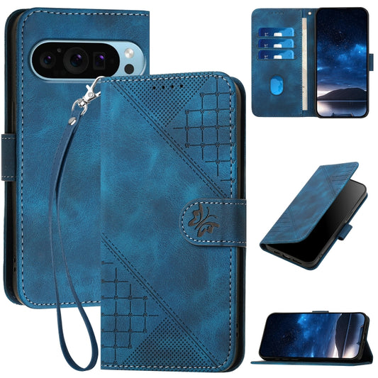 For Google Pixel 9 / 9 Pro Grid Butterfly Embossed Pattern Leather Phone Case with Lanyard(Dark Blue) by buy2fix